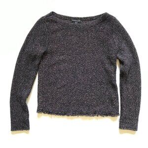 Eileen Fisher Fringe Hem Sweater Womens XS Navy Blue Tan Marble Long Sleeve Knit